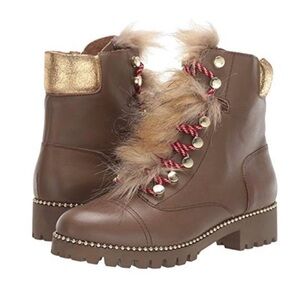 Cecelia New York Trekker Combat Boots Taupe Brown Tan Faux Fur Gold SZ 7.5